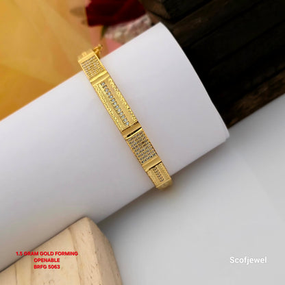 1.5 gram gold forming openable bangle, gold tone designer bangle with white stones, rectangular panel forming bangle, elegant openable bangle with textured detailing, white stone gold forming jewellery, designer daily wear gold tone bangle, Scofjewel forming bangle BRFG 5063