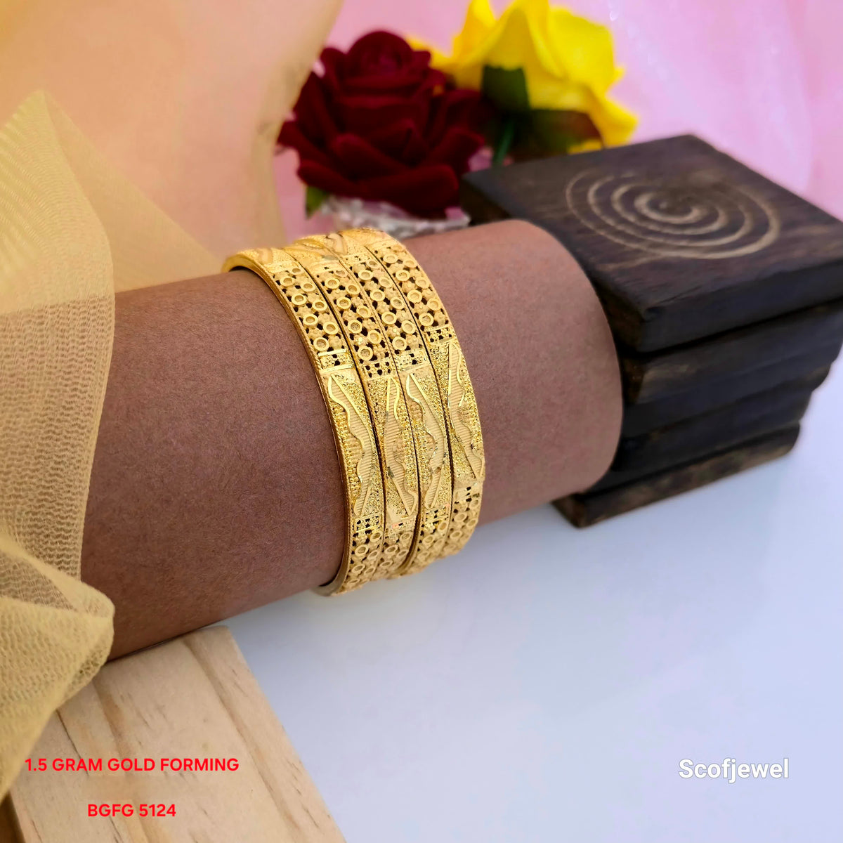 1.5 gram gold forming bangles set for women, traditional gold tone bangles with circular engraved pattern, designer gold forming bangles with wavy detailing, four piece traditional bangle set, gold look ethnic bangles for women, festive and wedding wear bangles, intricate engraved gold bangles BGFG 5124, Scofjewel gold forming bangles