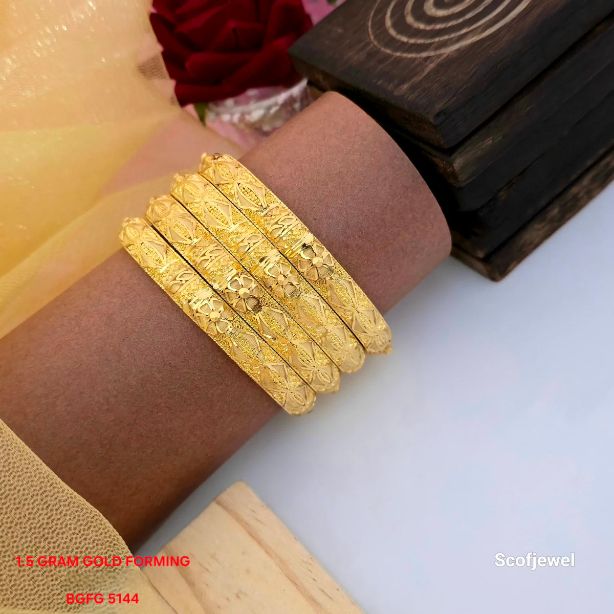 1.5 gram gold forming designer bangles set of 4, traditional gold tone bangles with floral engraved patterns, intricate decorative bangles for women, stylish traditional bangles for ethnic wear, gold forming bangles for weddings and festivals, elegant Indian designer bangles, Scofjewel BGFG 5144 bangles