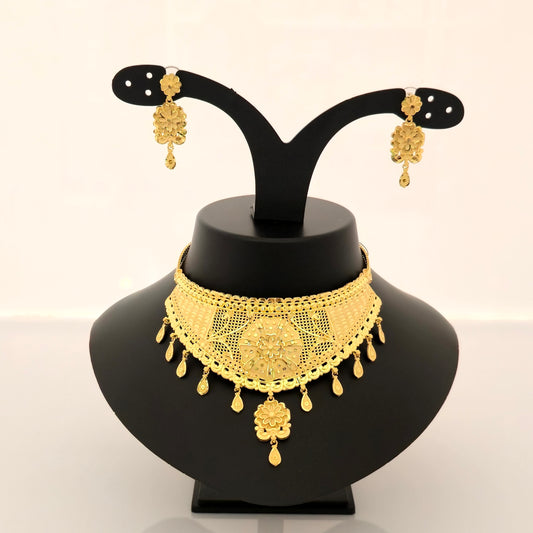 1 gram gold forming gold tone floral antique choker necklace set with earrings for women