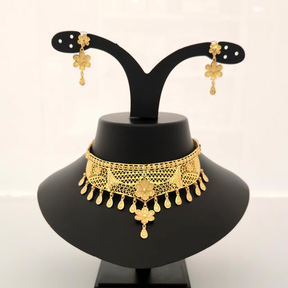 1 gram gold forming gold tone floral cutwork choker necklace set with earrings for women