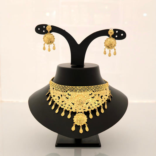 1 gram gold forming gold tone heavy floral antique choker necklace set with earrings for women