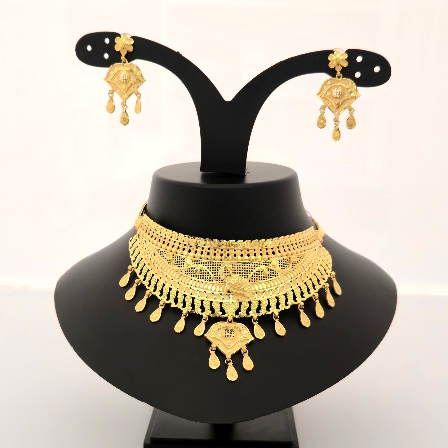 1 gram gold forming gold tone layered traditional choker necklace set with earrings for women