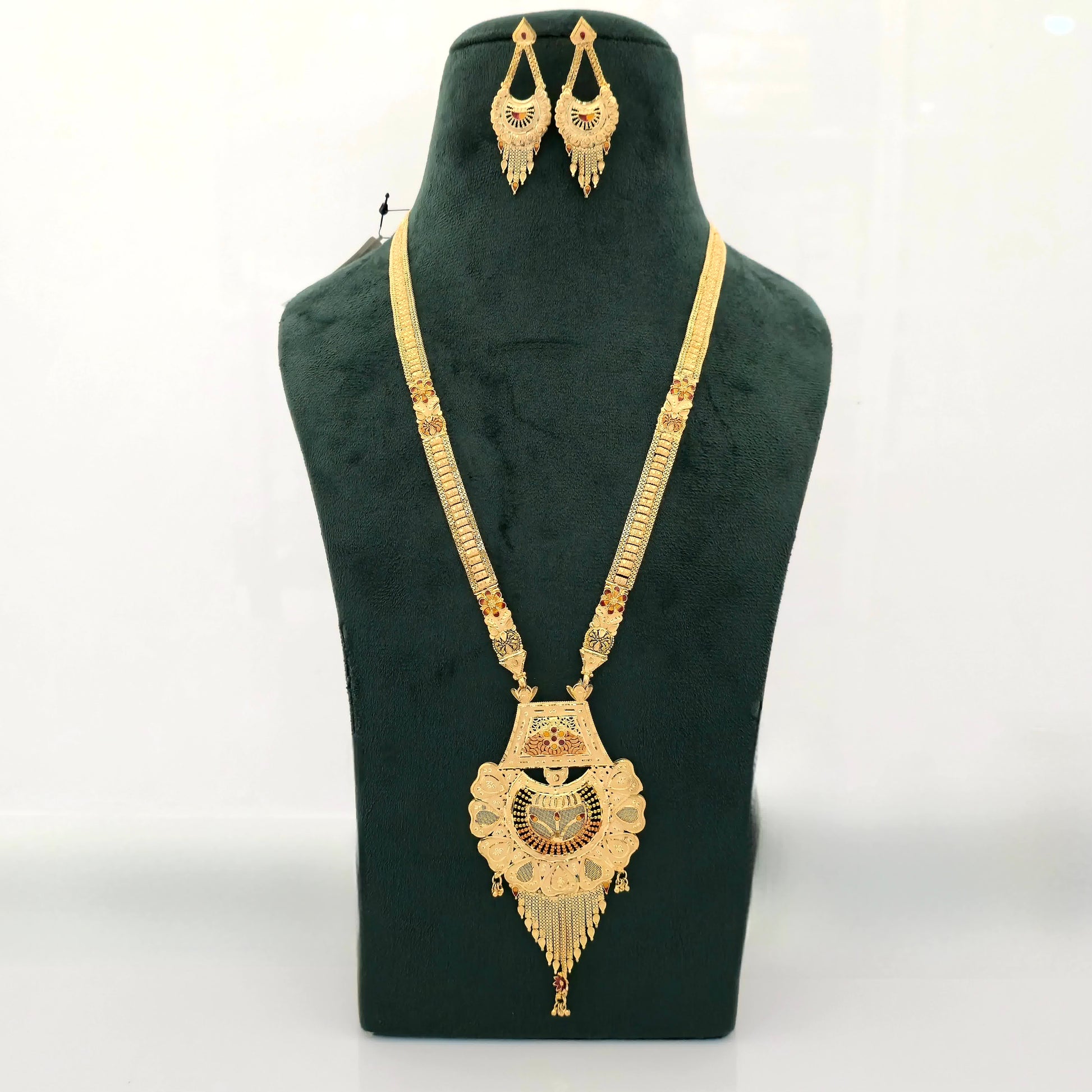 1 gram gold forming gold tone long temple haram necklace set with earrings for women