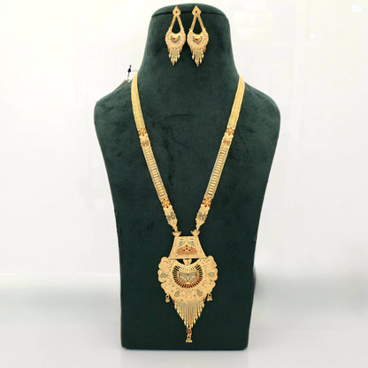 1 gram gold forming gold tone long temple haram necklace set with earrings for women