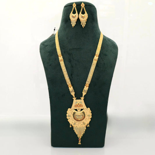 1 gram gold forming gold tone long temple haram necklace set with earrings for women