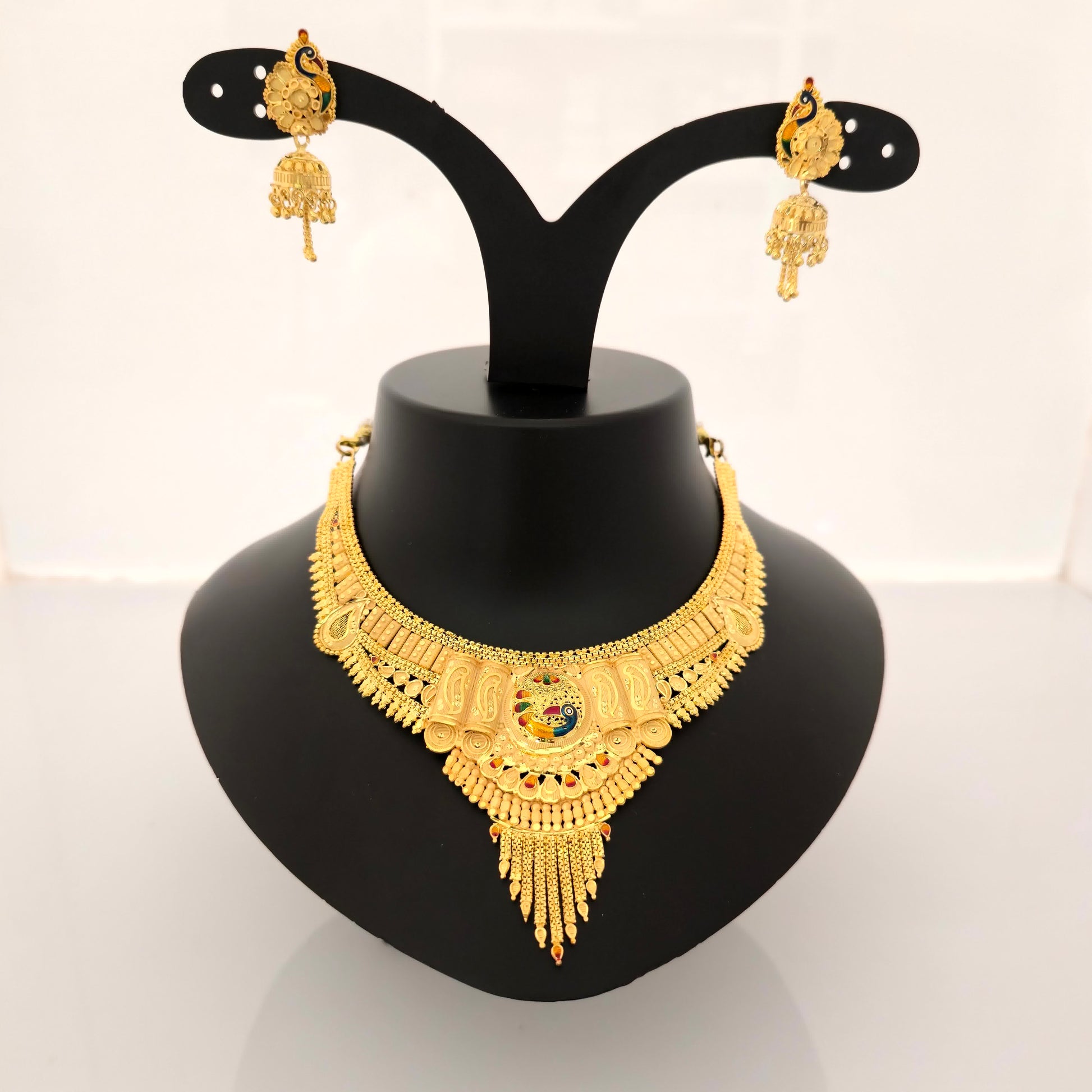 1 gram gold forming gold tone peacock design traditional necklace set with earrings for women
