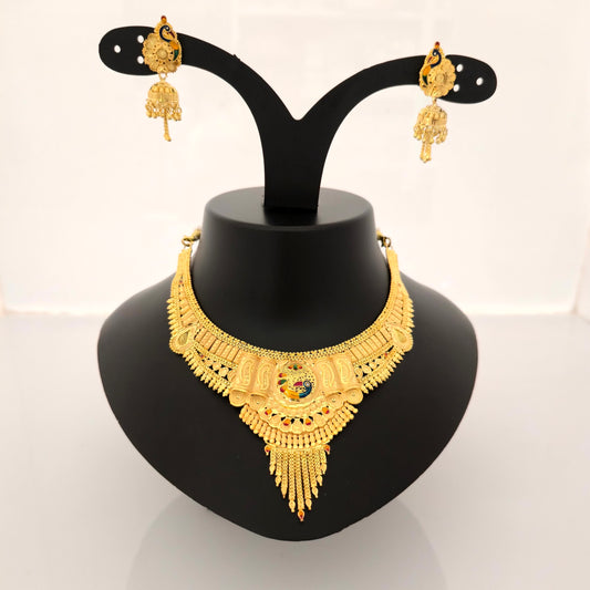 1 gram gold forming gold tone peacock design traditional necklace set with earrings for women