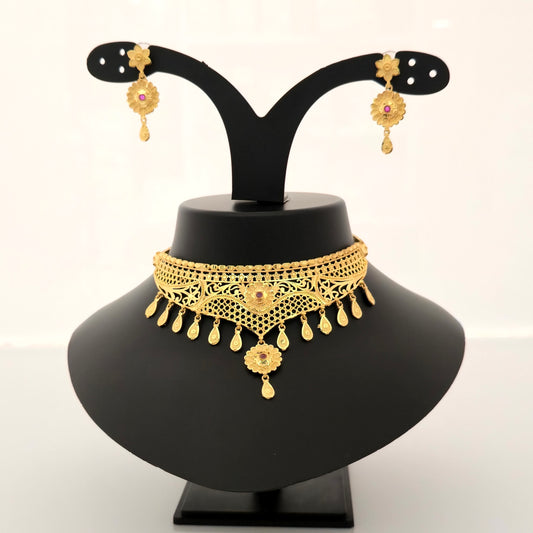 1 gram gold forming gold tone pink stone floral cutwork choker necklace set with earrings for women