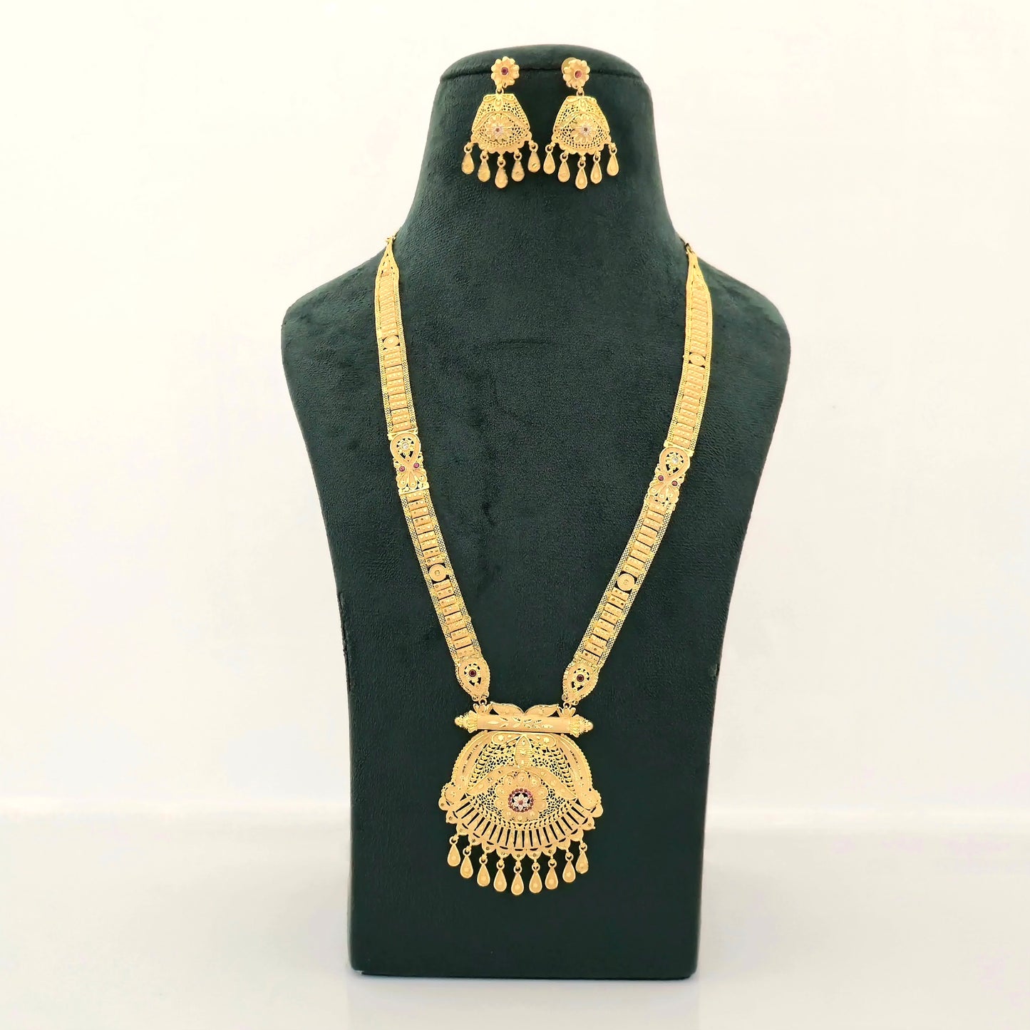 1 gram gold forming long temple haram necklace set with earrings and pendant for women
