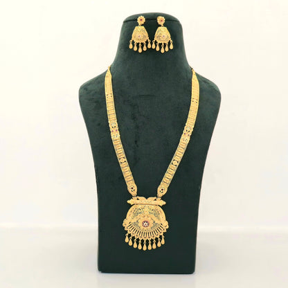 1 gram gold forming long temple haram necklace set with earrings and pendant for women