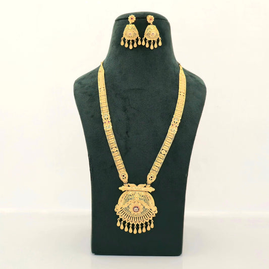 1 gram gold forming long temple haram necklace set with earrings and pendant for women