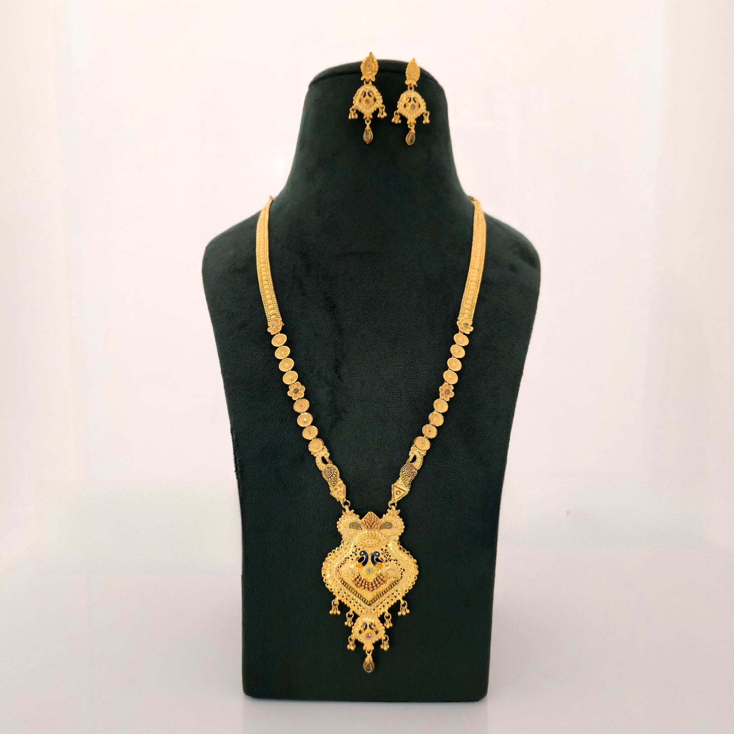 1 gram gold forming long temple haram necklace with coin chain peacock pendant and matching earrings for women
