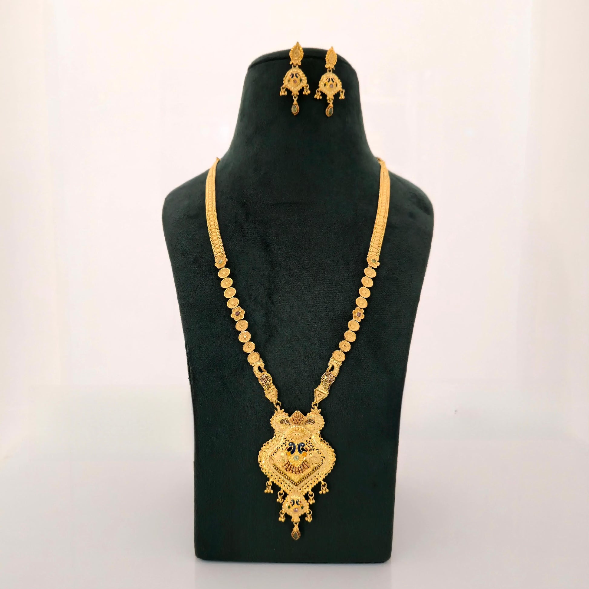 1 gram gold forming long temple haram necklace with coin chain peacock pendant and matching earrings for women
