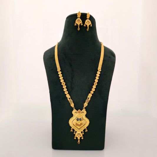 1 gram gold forming long temple haram necklace with coin chain peacock pendant and matching earrings for women