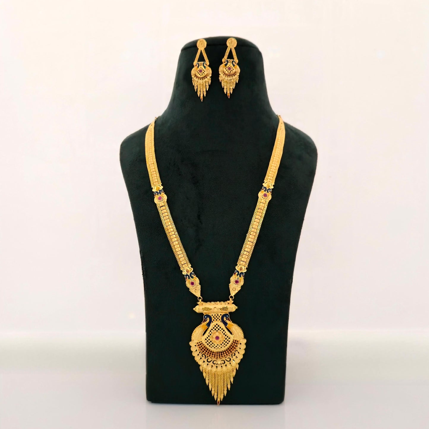 1 gram gold forming long peacock temple haram necklace with pendant and matching earrings for women