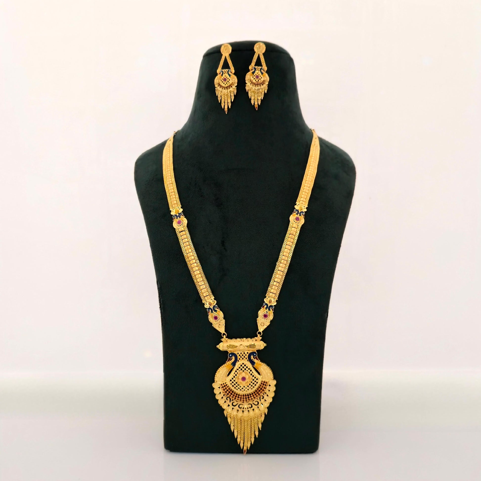 1 gram gold forming long peacock temple haram necklace with pendant and matching earrings for women