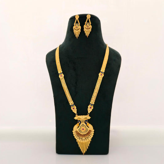 1 gram gold forming long peacock temple haram necklace with pendant and matching earrings for women