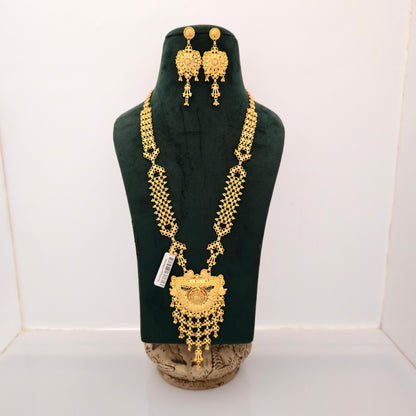 1 gram gold forming long temple haram necklace with antique pendant layered chain and matching earrings for women
