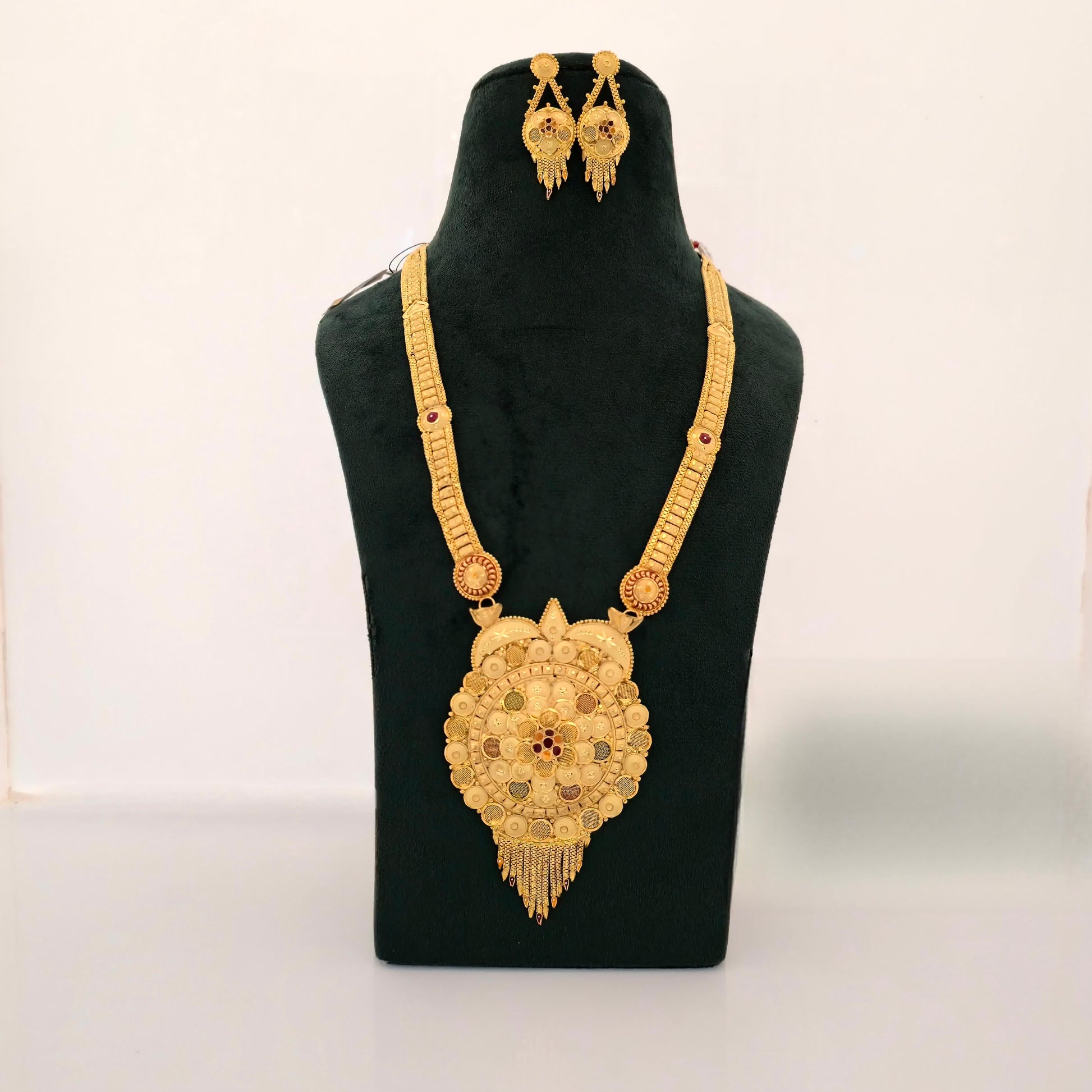 1 gram gold forming long temple haram necklace with big round pendant and matching earrings for women