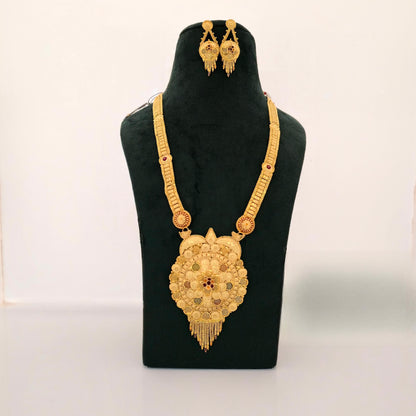 1 gram gold forming long temple haram necklace with big round pendant and matching earrings for women