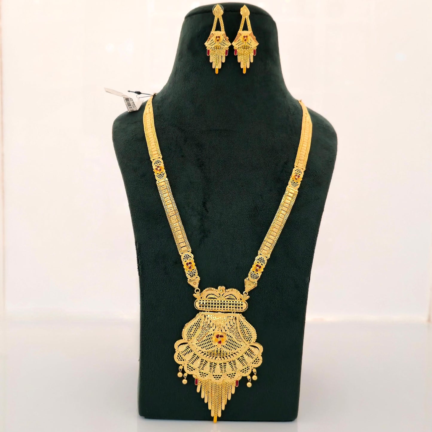 1 gram gold forming long temple necklace, antique filigree pendant necklace, traditional haram jewellery, gold tone necklace set, imitation bridal jewellery, designer earrings set