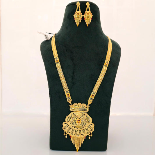1 gram gold forming long temple necklace, antique filigree pendant necklace, traditional haram jewellery, gold tone necklace set, imitation bridal jewellery, designer earrings set