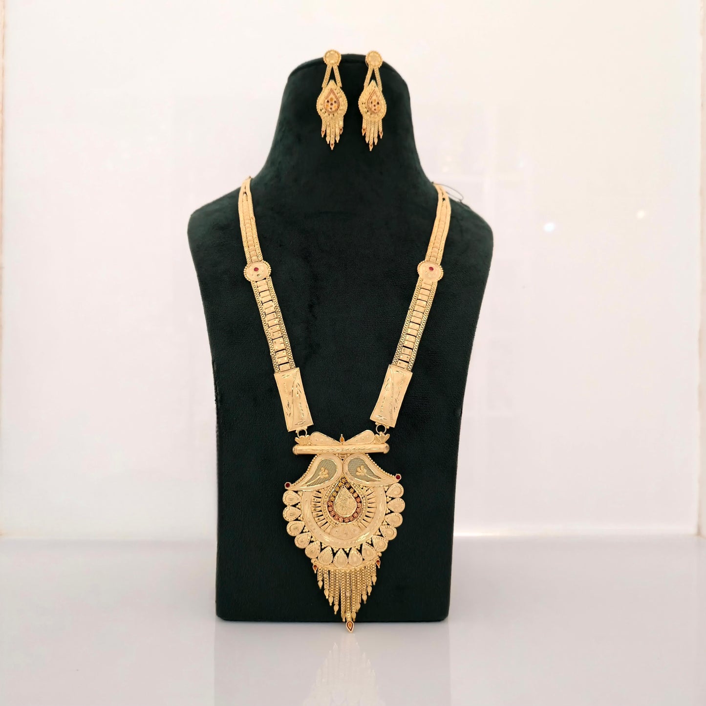 1 gram gold forming long temple necklace with antique pendant tassel design and matching earrings for women