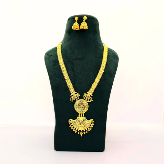 1 gram gold long temple necklace, dual pendant gold necklace, antique haram jewellery, traditional jhumka earrings set, imitation bridal jewellery, gold tone necklace set