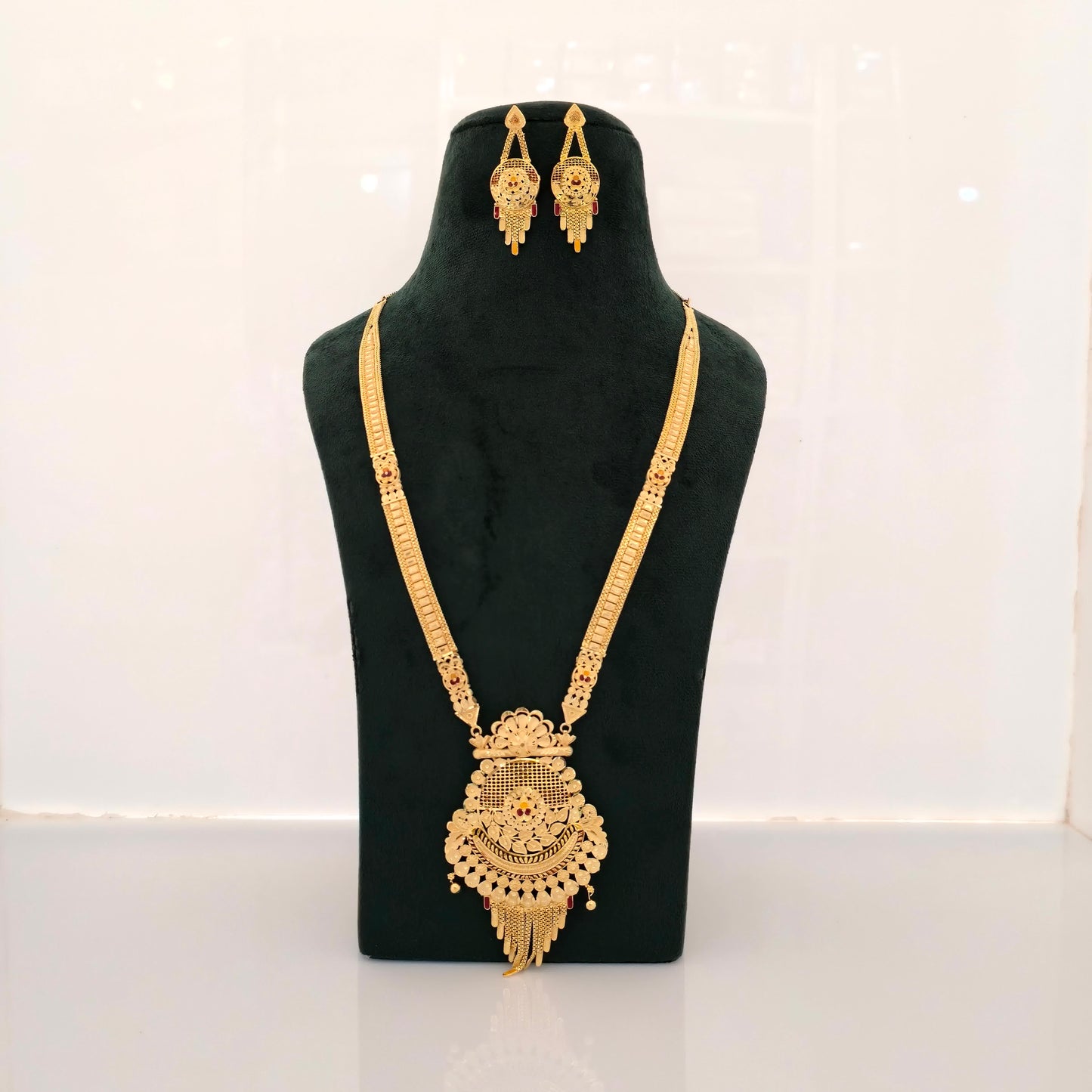 1 gram gold forming long temple necklace, floral antique pendant necklace, traditional haram jewellery, gold tone necklace set, imitation bridal jewellery, designer earrings set