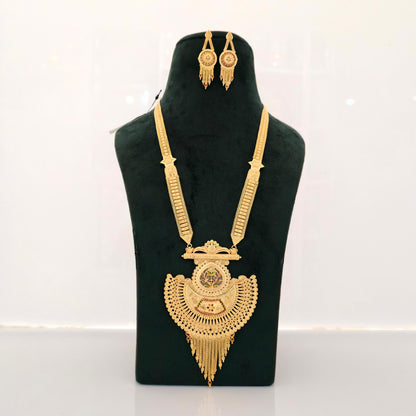 1 gram gold forming long temple necklace, grand antique pendant necklace, traditional haram jewellery, gold tone necklace set, imitation bridal jewellery, designer earrings set