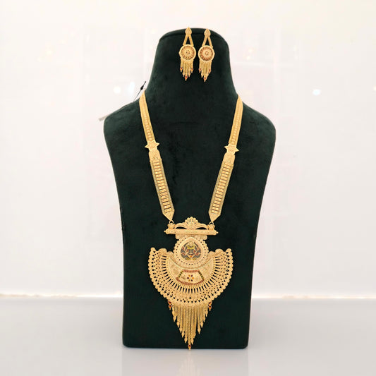 1 gram gold forming long temple necklace, grand antique pendant necklace, traditional haram jewellery, gold tone necklace set, imitation bridal jewellery, designer earrings set