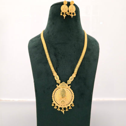 1 gram gold forming long temple necklace, round antique pendant necklace, traditional haram jewellery, gold tone necklace set, imitation bridal jewellery, coin earrings set