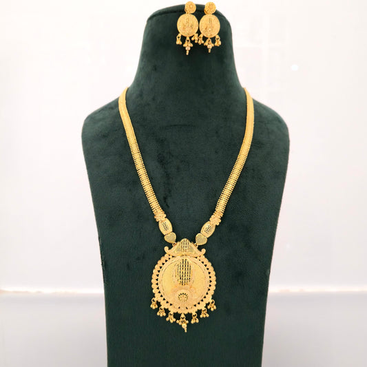 1 gram gold forming long temple necklace, round antique pendant necklace, traditional haram jewellery, gold tone necklace set, imitation bridal jewellery, coin earrings set