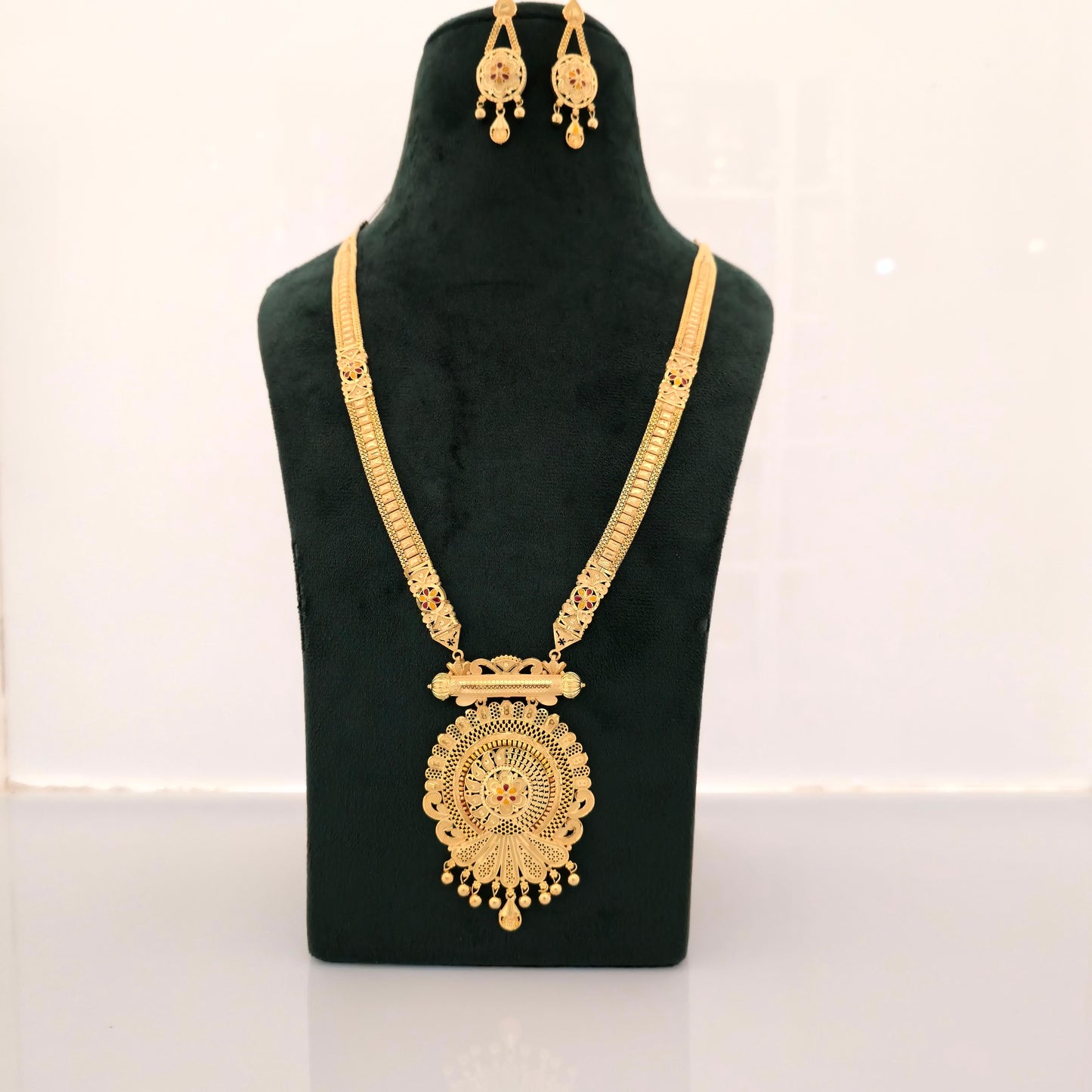 1 gram gold forming long temple necklace, round antique pendant necklace, traditional haram jewellery, gold tone necklace set, imitation gold bridal necklace, designer earrings set