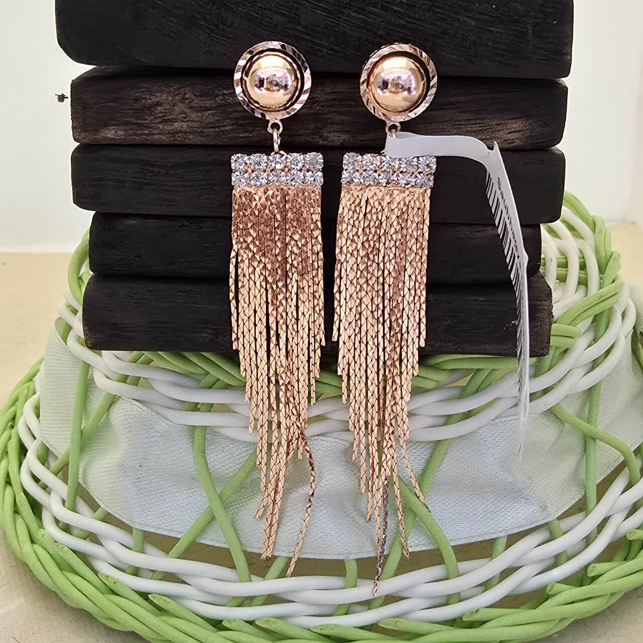 Rose Gold Crystal Tassel Statement Earrings