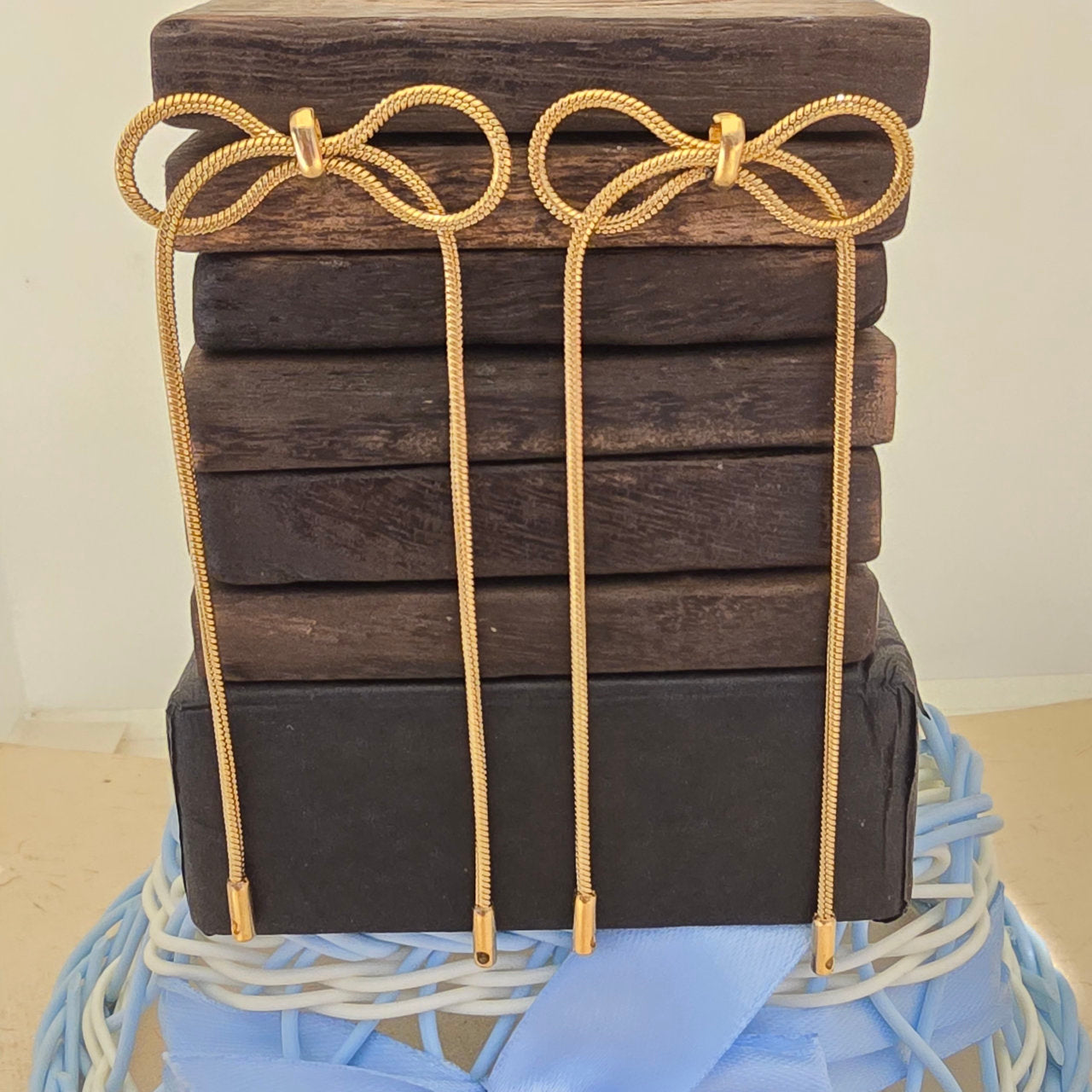 Gold Bow Long Chain Drop Earrings