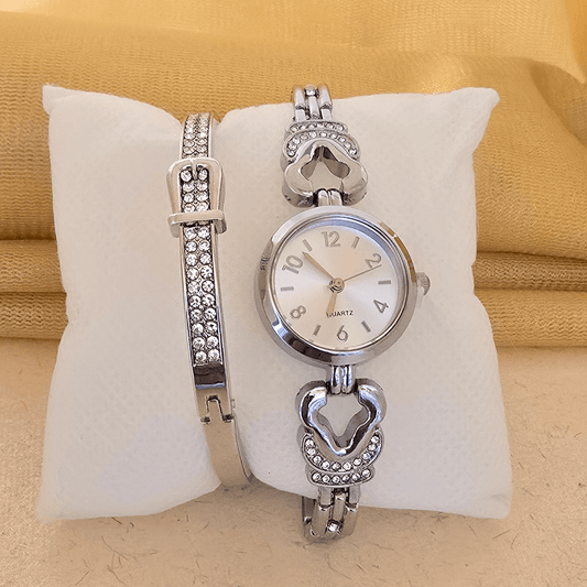 Silver Heart Crystal Watch & Bracelet Set