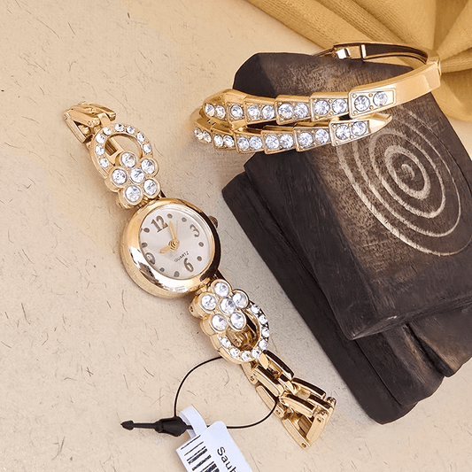 Gold Crystal Watch & Bracelet Set for Women