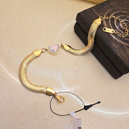 Gold Snake Chain Heart Charm Bracelet