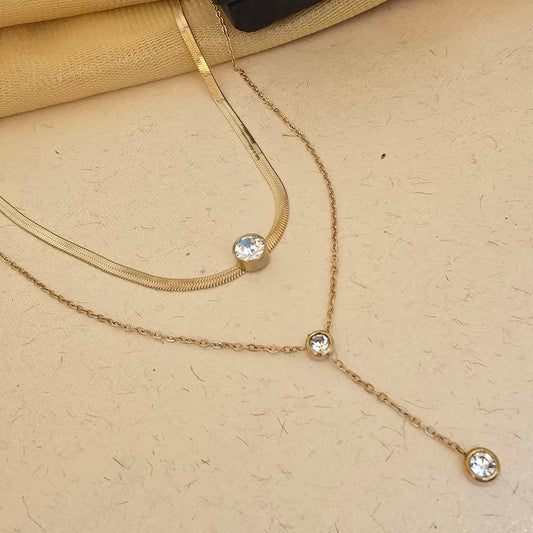 Gold Double Layer Crystal Pendant Necklace