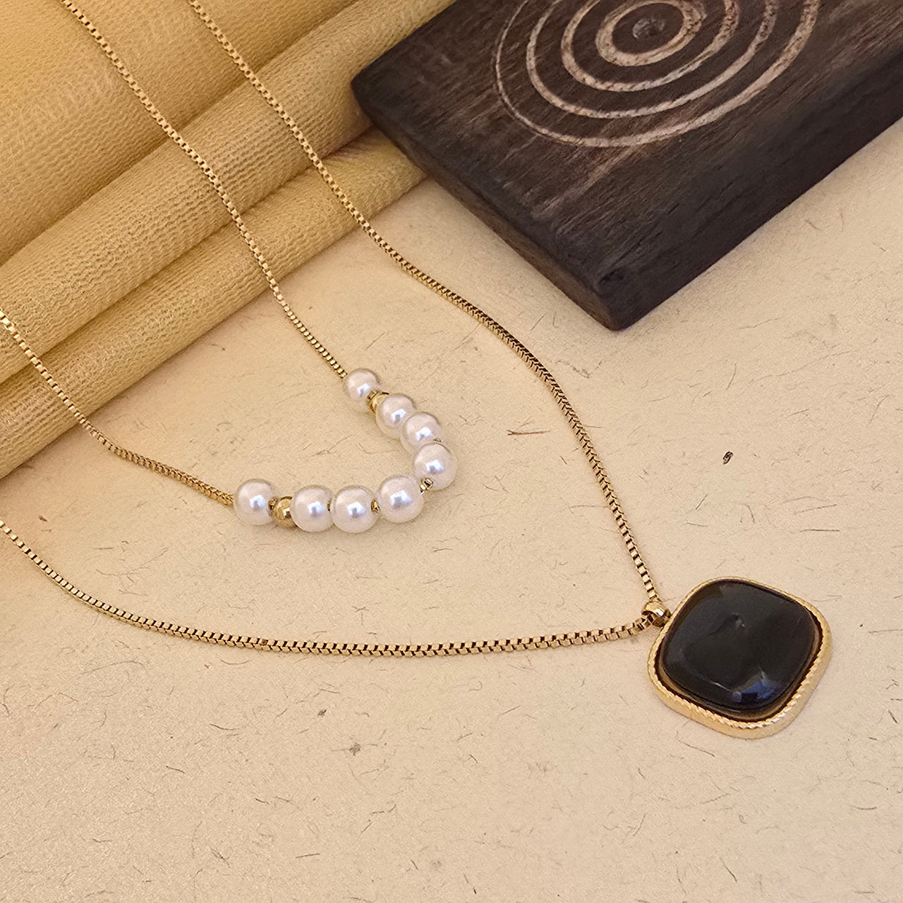 Gold Dual-Layer Pearl & Green Stone Pendant Necklace