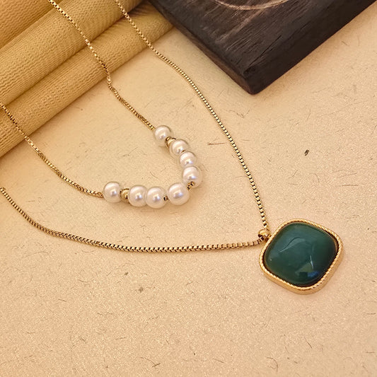 Gold Dual-Layer Pearl & Green Stone Pendant Necklace