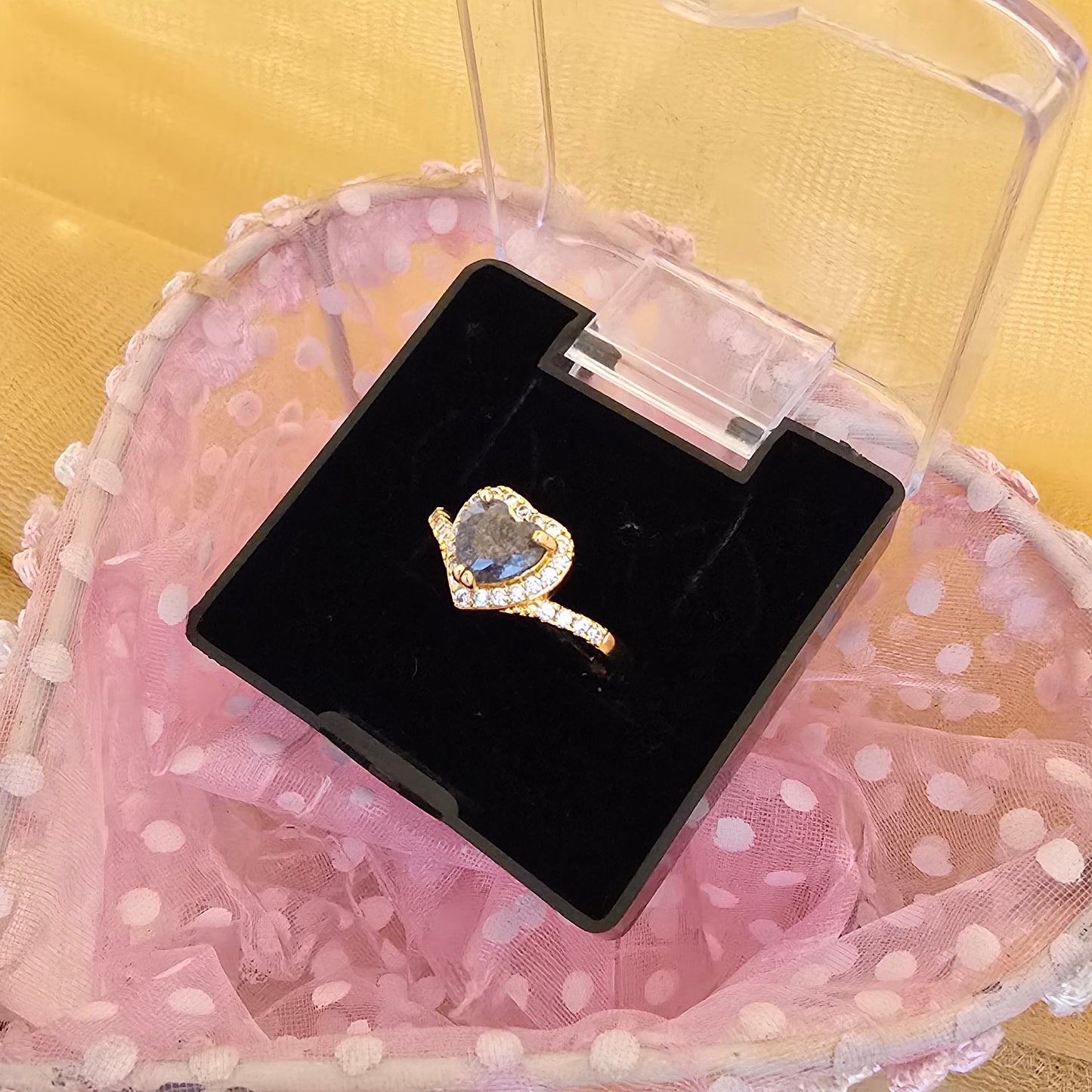 Royal Blue Heart Halo AD Ring 24Caret Gold Plated Daily Use