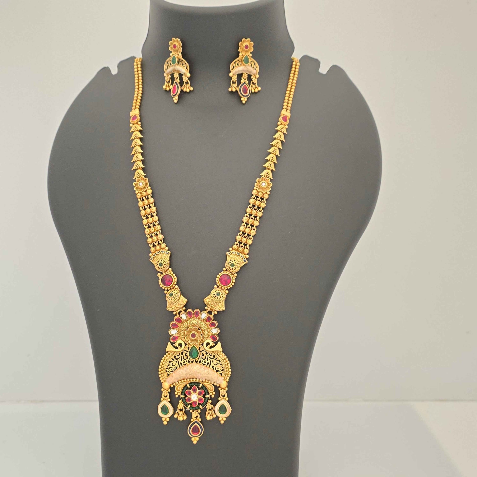 Traditional Copper Long Necklace Set with Floral Pendant & Earrings for Women