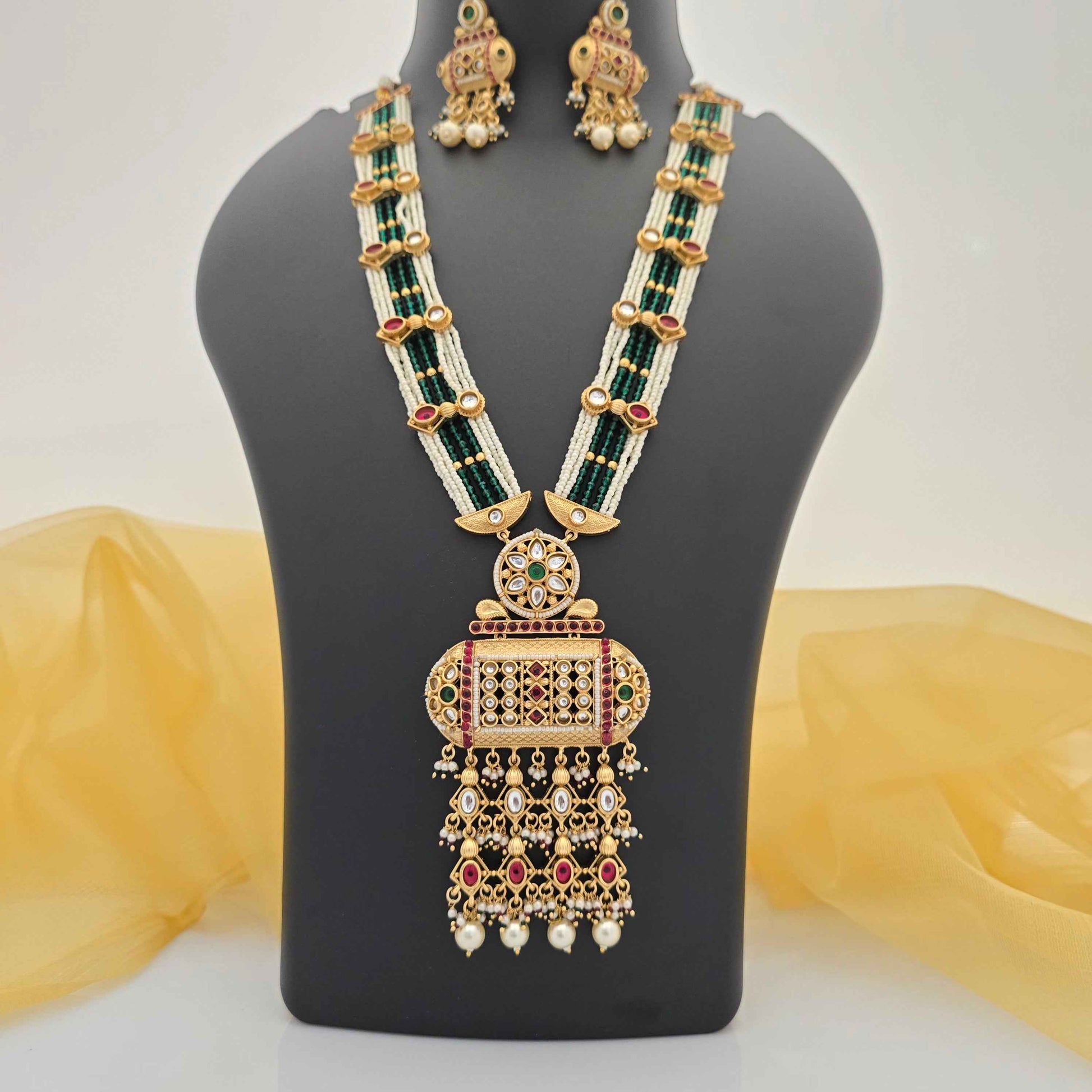 Traditional Copper Long Necklace Set with Pearl Beads & Pendant for Women