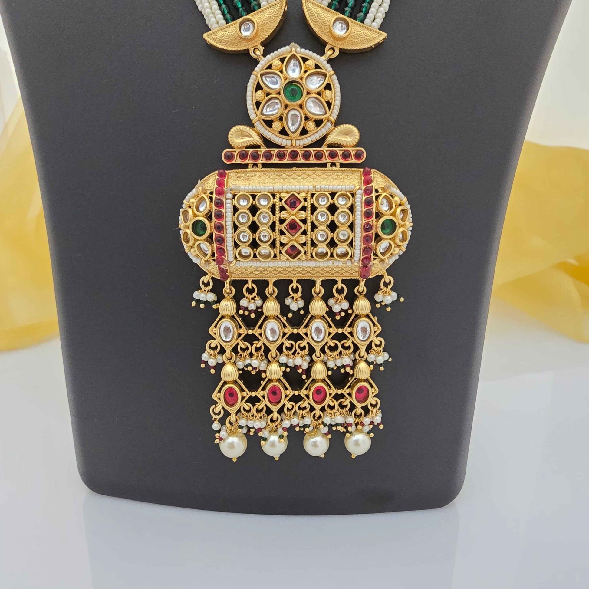 Traditional Copper Long Necklace Set with Pearl Beads & Pendant for Women