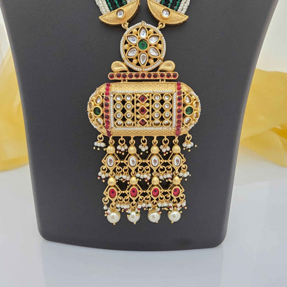 Traditional Copper Long Necklace Set with Pearl Beads & Pendant for Women