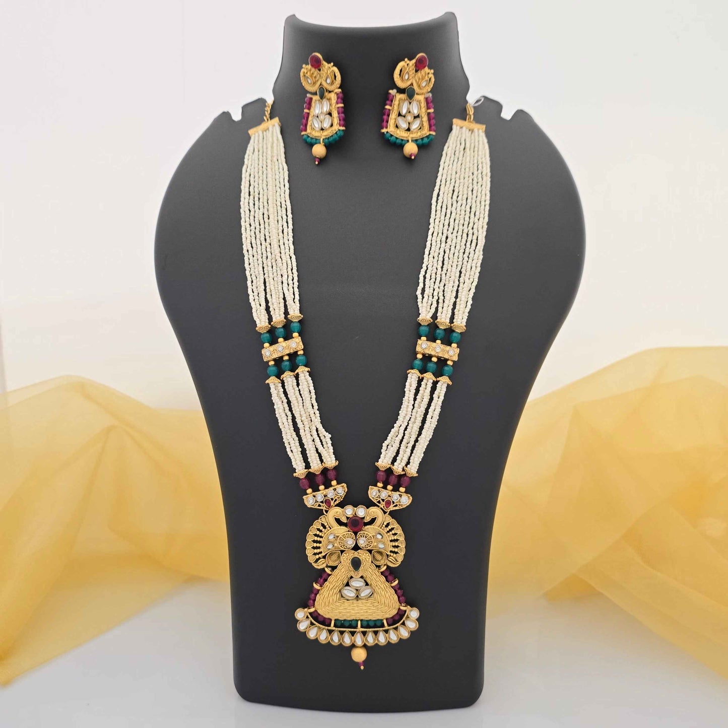 Traditional Pearl Beaded Copper Long Necklace Set with Designer Pendant & Earrings for Women
