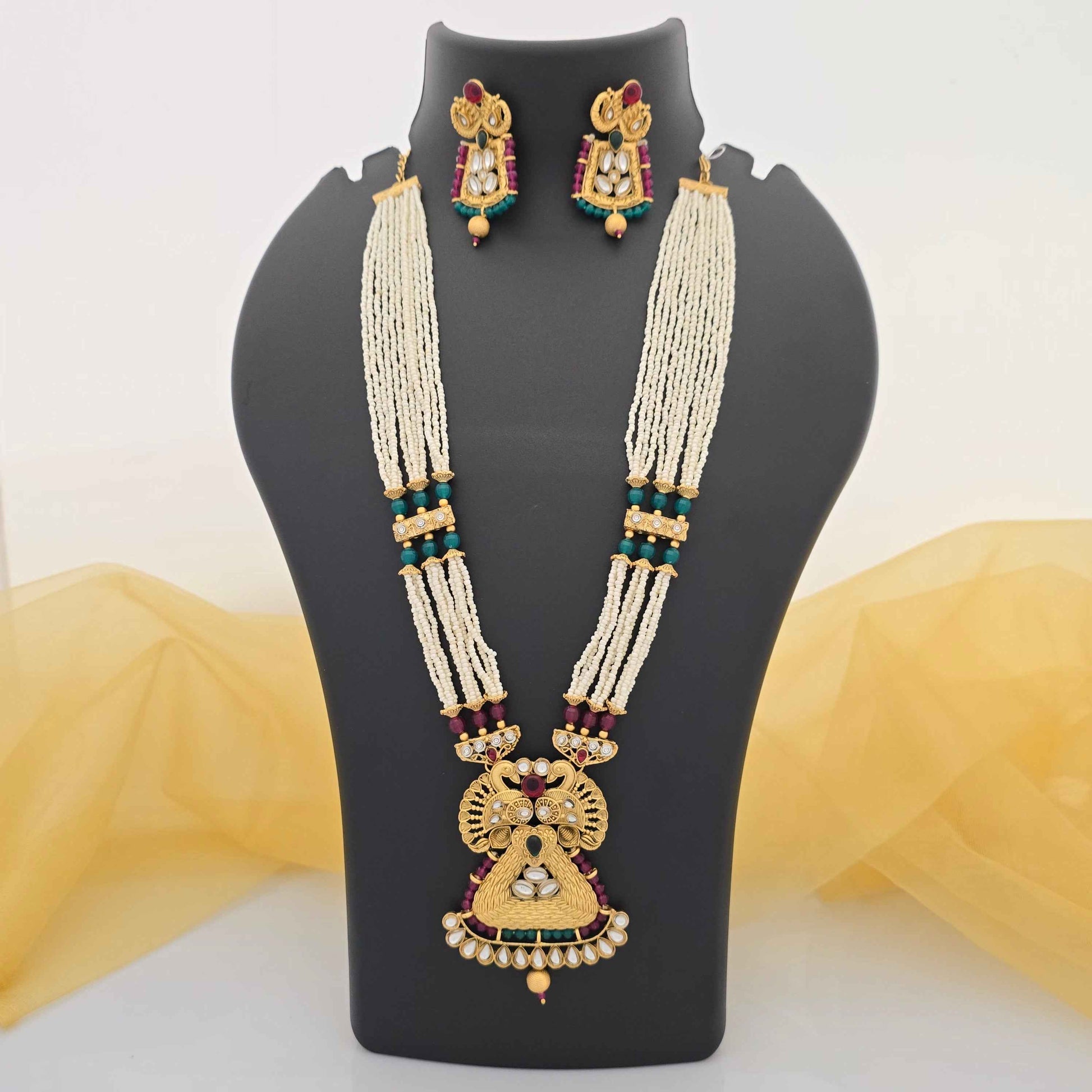 Traditional Pearl Beaded Copper Long Necklace Set with Designer Pendant & Earrings for Women